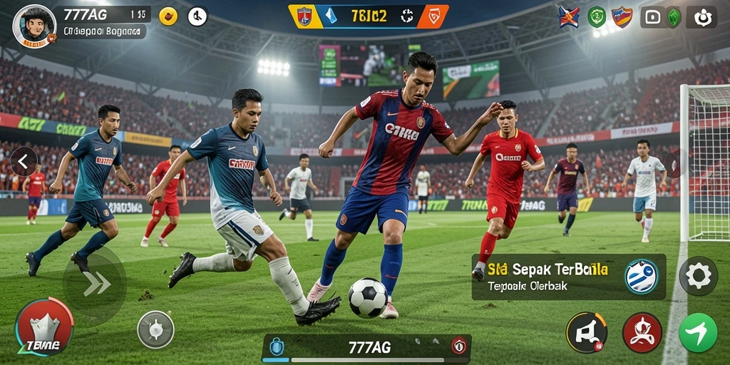 Screenshot permainan 777AG menampilkan aksi sepak bola yang mendebarkan.