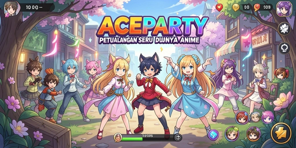 Screenshot utama ACEPARTY menunjukkan pertarungan seru dalam dunia Anime.