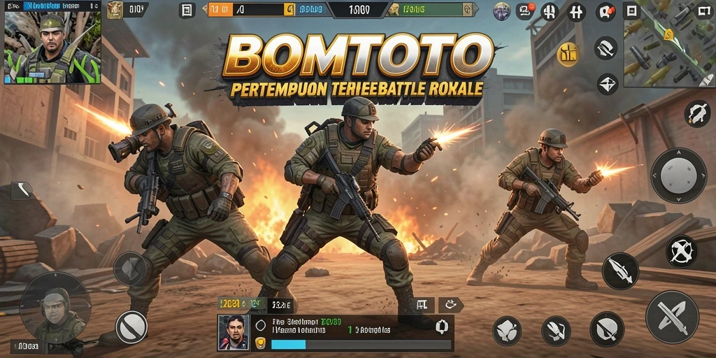 Tampilan menarik dari gameplay <strong>BOMTOTO</strong> dalam pertempuran Battle Royale.