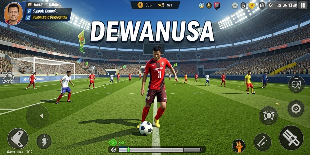 Tangkapan layar utama DEWANUSA dengan aksi gameplay sepak bola yang mendebarkan.