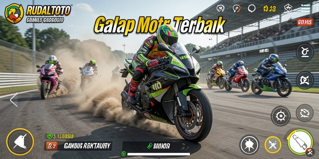 Tampilan gameplay RUDALTOTO dengan balapan motor yang mendebarkan.